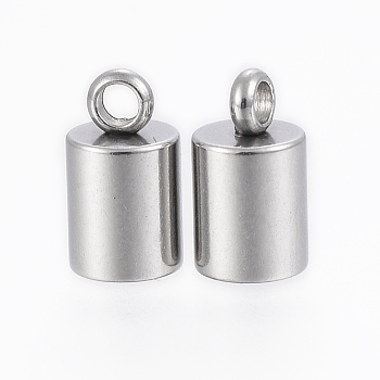 201 Stainless Steel Cord Ends, End Caps, Column, Stainless Steel Color, 9x5mm, Hole: 2mm, Inner Diameter: 4mm