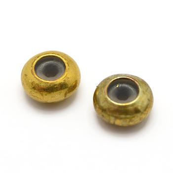 Brass Beads, Nickel Free, with Rubber Inside, Slider Beads, Stopper Beads, Rondelle, Raw(Unplated), 6x3mm, Rubber Hole: 1mm