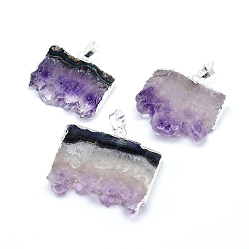 Natural Druzy Amethyst Slice Rectangle Pendants, with Plated Brass Finding, Silver, 24~42x22~35x6~7mm, Hole: 8x5mm