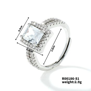 Fashionable Unisex Brass Micro Pave Clear Cubic Zirconia Adjustable Rings, Rectangle, Platinum, Inner Diameter: 18mm