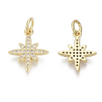 Brass Micro Pave Clear Cubic Zirconia Charms, with Jump Ring, Nickel Free, Eight Pointed Star, Real 18K Gold Plated, 14x12x2mm, Hole: 3mm