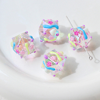 Transparent Acrylic Beads, Hand Painted Beads, Bumpy, Faceted, Cube, 18x17mm