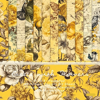 Flower Pattern Scrapbook Paper, for DIY Album Scrapbook, Background Paper, Diary Decoration, Gold, 152x152mm, 12 style, 2pcs/style, 24pcs/set