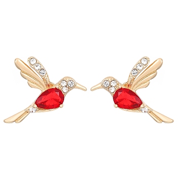 Brass Micro Pave Cubic Zirconia Stud Earrings, Cute Hummingbird, Light Gold, Red, 17x13mm