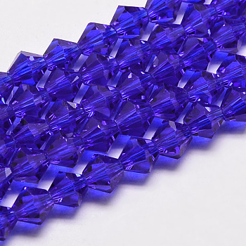 Transparent Glass Beads Strands, Faceted, Bicone, Medium Blue, 3.5~3.8x3mm, Hole: 0.8mm, about 113~115pcs/strand, 14.17~14.37 inch(36~36.5cm)