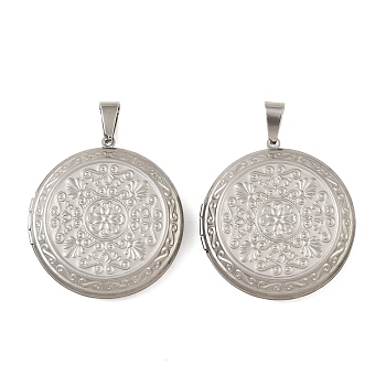 316 Stainless Steel Locket Pendants, Flat Round with Flower Charm, with 304 Stainless Steel Snap on Bails, Stainless Steel Color, 48x44.5x9.5mm, Hole: 11.5x6mm, Inner Diameter: 29.5mm