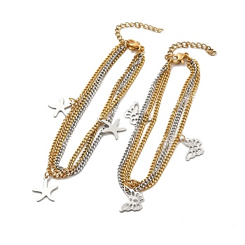 Two Tone 304 Stainless Steel Curb Chains Triple Layer Multi-strand Bracelet with Charms for Women, Golden & Stainless Steel Color, Mixed Patterns, Pendant: 9.5~13.5x11.5~13x0.6~0.7mm, 7-1/4 inch(18.5cm)