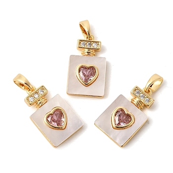 Natural Shell Pendants, Heart Perfume Bottle Charms with Brass Pave Pink Cubic Zirconia Settings, Seashell Color, Real 18K Gold Plated, 18x10.5~11x3mm, Hole: 3x5mm
