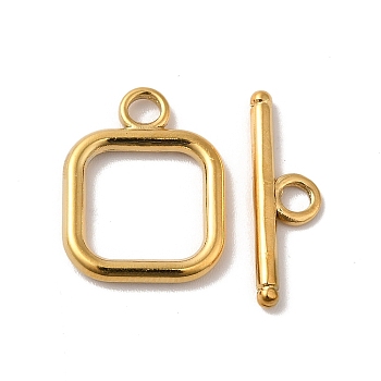 Ion Plating(IP) 304 Stainless Steel Toggle Clasps, Square, Real 18K Gold Plated, Square: 18x13.5x2mm, Hole: 3mm, Bar: 19.5x6x2mm, Hole: 3mm