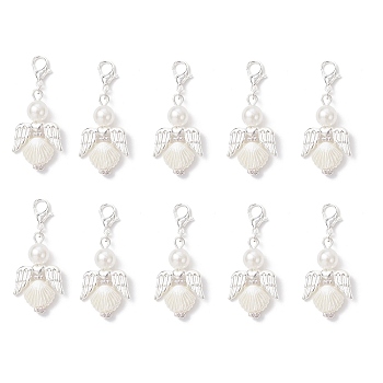 10Pcs Angel Alloy & ABS Imitation Pearl Pendants Decorations, with Alloy Lobster Claw Clasps, Silver, 42mm