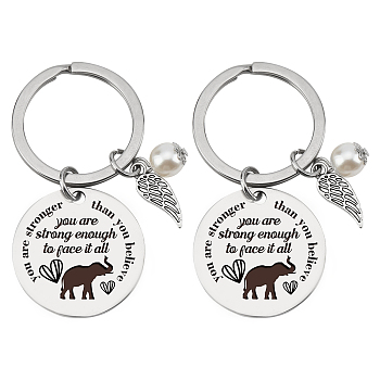 Inspirational Stainless Steel Keychain, Quote Pendants, Flat Round with Word, Stainless Steel Color, Elephant Pattern, 3cm