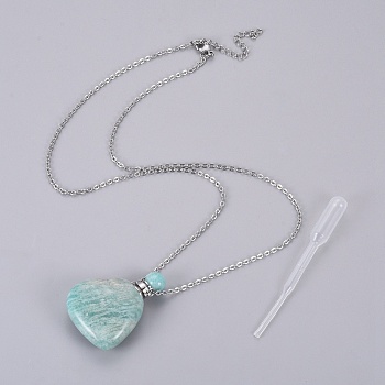 Natural Amazonite Openable Perfume Bottle Pendant Necklaces, with Stainless Steel Cable Chain and Plastic Dropper, Heart, 50~55cm, Bottle Capacity: 0.15~0.3ml(0.005~0.01 fl. oz), 2mm