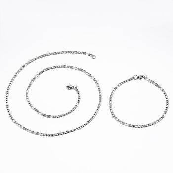 304 Stainless Steel Jewelry Sets, Figaro Chains Bracelets & Necklaces, with Lobster Claw Clasps, Stainless Steel Color, 21.25 inch(54cm), 7-7/8 inch(200mm)