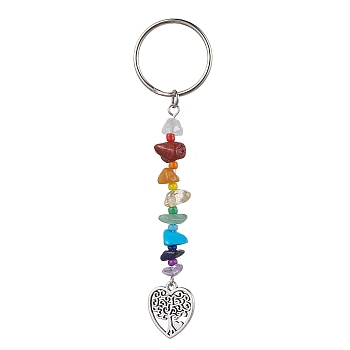 Tree of Life Tibetan Style Alloy Pendant Keychains, with Natural Gemstone Chip Beads and Iron Split Key Rings, Heart, 10.25cm
