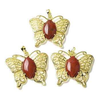 Natural Red Jasper Pendants, Brass Butterfly Charms, Golden, Rack Plating, Cadmium Free & Lead Free, 41.5x45x8mm, Hole: 8x4.5mm