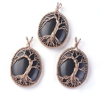 Natural Obsidian Big Pendants, with Rose Gold Tone Brass Findings, Oval with Tree of Life, 56~58.5x35~36x12~13.8mm, Hole: 4.2~5.2x4.6~6mm