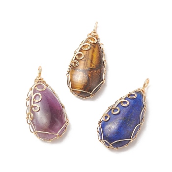 Natural Mixed Stone Copper Wire Wrapped Pendants, Teardrop Charms, Golden, 36x17x8mm, Hole: 3x2mm