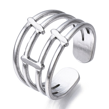 304 Stainless Steel Four Line Open Cuff Ring, Hollow Chunky Ring for Women, Stainless Steel Color, US Size 7 1/4(17.5mm)
