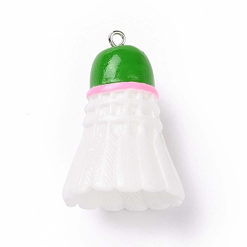 Sport Ball Theme Opaque Resin Pendants, Badminton Charms, with Platinum Plated Iron Loops, Lime Green, 37.5x26mm, Hole: 2mm