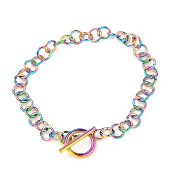 Unisex Vacuum Plating 304 Stainless Steel Rolo Chains Bracelets, with Toggle Clasps, Rainbow Color, 7-7/8 inch(20cm)