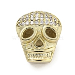 Brass Micro Pave Clear Cubic Zirconia Beads, Cadmium Free & Nickel Free & Lead Free, Skull, Real 18K Gold Plated, 12x11x9.5mm, Hole: 2mm(ZIRC-P119-21G-01)