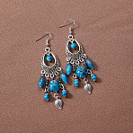 Bohemian Style Oval Alloy Resin Tassel Dangle Earrings, Antique Silver, Deep Sky Blue, 90mm(FS-WG90D95-01)
