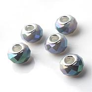 Electroplated Glass European Beads, Large Hole Beads, with Brass Cores, Silver Color Plated, Imitation Jade, Faceted Rondelle, Lilac, 14x9.5mm, Hole: 5mm(GPDL-Q020-03)