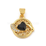 Rack Plating Brass Micro Pave Cubic Zirconia Pendants, Cadmium Free & Lead Free, Long-Lasting Plated, Real 18K Gold Plated, Heart, Black, 16.5x16x4.5mm, Hole: 5x3.5mm(KK-G513-23A-03G)