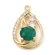 Brass with K9 Glass & Rhinestone Pendants, Light Gold, Teardrop Charms, Emerald, 25x15.5x6mm, Hole: 1.6mm(KK-C024-02KCG-01)