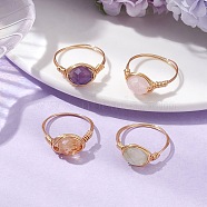 Oval Natural Rose Quartz & Prehnite & Amethyst & Citrine Finger Rings, Golden Copper Wire Wrap Jewelry for Women, Inner Diameter: 17~18.3mm(RJEW-JR00802)