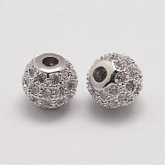 Brass Micro Pave Cubic Zirconia Beads, Round, Platinum, 6x5.5mm, Hole: 2mm(ZIRC-E110-03P)