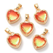 K9 Glass Pendants, with Golden Tone Brass Findings, Faceted, Heart Charms, Hyacinth, 18x15x7.7mm, Hole: 5x3mm(FIND-C036-01G-09)