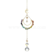 Glass Round Pendant Decoration, Hanging Suncatchers, with Sun & Moon Brass Link & Chakra Gemstone Chip Beads, 309mm(HJEW-TA00045)