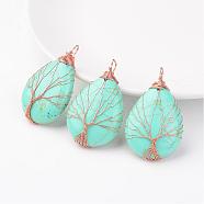 Synthetic Turquoise Pendants, teardrop, with Rose Gold Tone Brass Findings, 48~55x30~32x10~12mm, Hole: 4~7x8~12mm(G-K122-01RG)