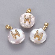 Natural Cultured Freshwater Pearl Pendants, with Brass Micro Pave Cubic Zirconia Findings, Nuggets with Letter, Long-Lasting Plated, Golden, Clear, Letter.H, 17~27x12~16x6~12mm, Hole: 4x2.5mm(KK-L187-A-01H)