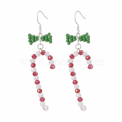 Glass Beaded Christmas Candy Cane with Bowknot Dangle Earrings, 304 Stainless Steel Wire Wrap Jewelry for Women, Colorful, 79mm, Pin: 0.7mm(EJEW-TA00080)