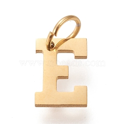 304 Stainless Steel Pendants, with Jump Rings, Manual Polishing, Golden, Letter.E, 10x7x1mm, Hole: 4.5mm(X-STAS-M276-A11)