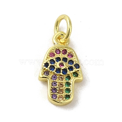 Brass Micro Pave Cubic Zirconia Charms, Real 18K Gold Plated, Hamsa Hand Charms, Colorful, 13.5x7.5x2.5mm, Hole: 3mm(KK-M283-13I-02)