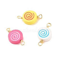 Spray Painted Wood Connector Charms, with Golden Tone Copper Wire Loops, Flat Round, Mixed Color, 31.5~33.5x17x6mm, Hole: 3.5~4mm(PALLOY-JF01427-17)