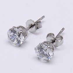 Cubic Zirconia Ear Studs, with 304 Stainless Steel Base, Flat Round, Stainless Steel Color, 5mm, Pin: 0.7mm(STAS-E051-3C)