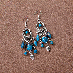 Bohemian Style Oval Alloy Resin Tassel Dangle Earrings, Antique Silver, Deep Sky Blue, 90mm(FS-WG90D95-01)