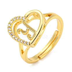 Heart with Letter Rack Plating Brass Micro Pave Cubic Zirconia Adjustable Rings for Women, Lead Free & Cadmium Free, Real 18K Gold Plated, Letter Y, Inner Diameter: 16mm(RJEW-I105-06G-Y)