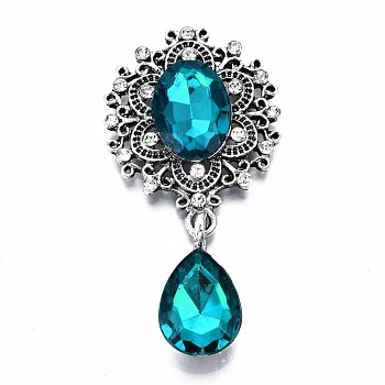 Alloy Flat Back Cabochons, with Acrylic Rhinestones, Oval and Teardrop, Antique Silver, Faceted, Dark Cyan, 59x29x6mm