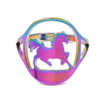 Ion Plating(IP) 304 Stainless Steel Horse Adjustable Ring for Women, Rainbow Color, US Size 6(16.5mm)