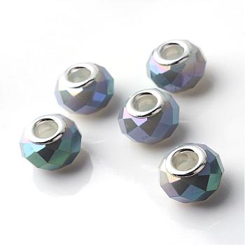 Electroplated Glass European Beads, Large Hole Beads, with Brass Cores, Silver Color Plated, Imitation Jade, Faceted Rondelle, Lilac, 14x9.5mm, Hole: 5mm