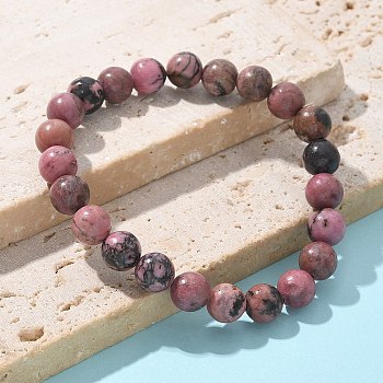 Natural Rhodonite Beads Stretch Bracelets, Round, 2 inch~2-1/8 inch(5.2~5.5cm), Beads: 8~9mm