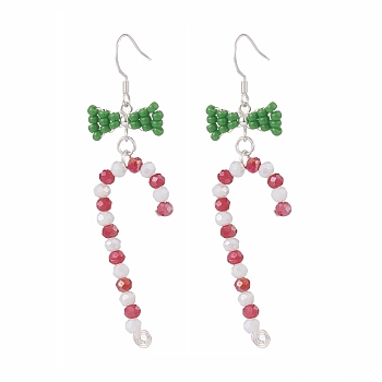Glass Beaded Christmas Candy Cane with Bowknot Dangle Earrings, 304 Stainless Steel Wire Wrap Jewelry for Women, Colorful, 79mm, Pin: 0.7mm