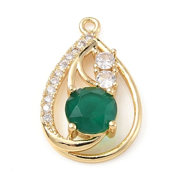 Brass with K9 Glass & Rhinestone Pendants, Light Gold, Teardrop Charms, Emerald, 25x15.5x6mm, Hole: 1.6mm