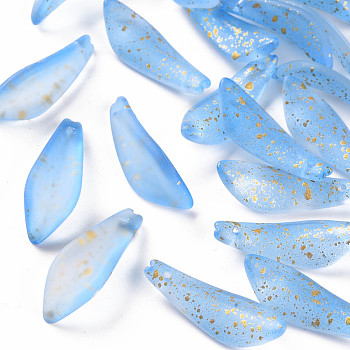 Transparent Spray Painted Glass Pendants, with Gold Foil, Frosted, Petaline, Cornflower Blue, 25.5x9x4mm, Hole: 1mm