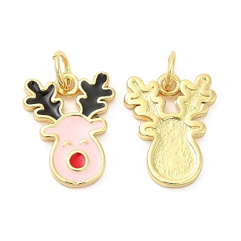 Christmas Rack Plating Brass Enamel Pendants, with Jump Ring, Lead Free & Cadmium Free, Long-Lasting Real 18K Gold Plated, Deer, 17x12x3mm, Hole: 3mm